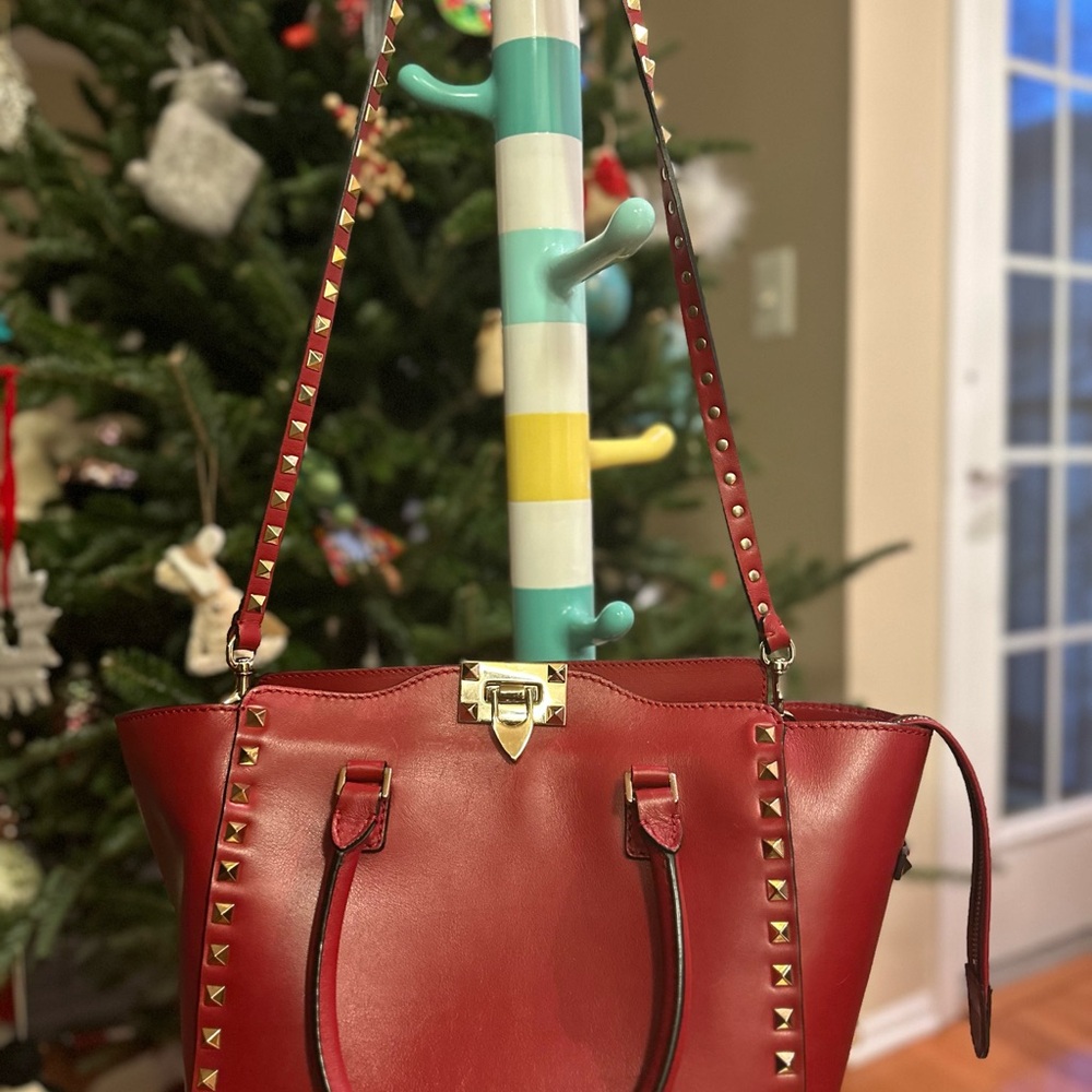 Valentino Garavani Red Tote Handbag with Gold Hardware and Chain Strap